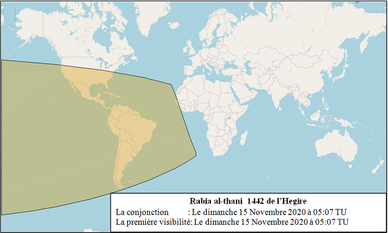Figure 2: Les zones de visibilité du croissant de Rabia al-thani 1442 de l'Hégire (selon les critères d’Istanbul) après le coucher du soleil le Dimanche 15 Novembre 2020.
