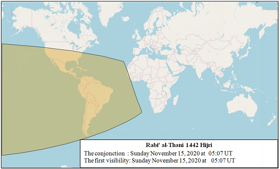 Figure 2: Lunar crescent visibility areas of Rabi' al-Thani 1442 Hijri (according to Istanbul criteria) after sunset on Sunday, November 15, 2020.