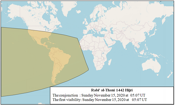 Figure 2: Lunar crescent visibility areas of Rabi' al-Thani 1442 Hijri (according to Istanbul criteria) after sunset on Sunday, November 15, 2020.