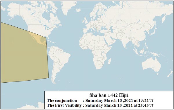 Figure 2: Lunar crescent visibility areas of Sha'ban 1442 Hijri (according to Istanbul criteria) after sunset on Saturday, March 13, 2021.