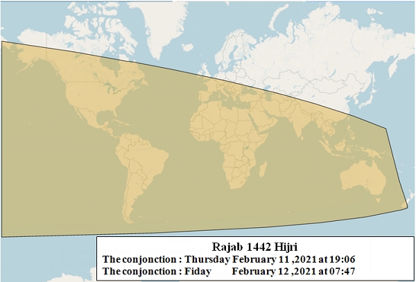 Figure 2: Lunar crescent visibility areas of Rajab (according to Istanbul criteria) after sunset on Friday, February 12, 2021.