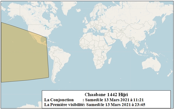 Figure 2: Les zones de visibilité du croissant de Chaabane 1442 de l'Hégire (selon les critères d’Istanbul) après le coucher du soleil le Samedi 13 Mars 2021.