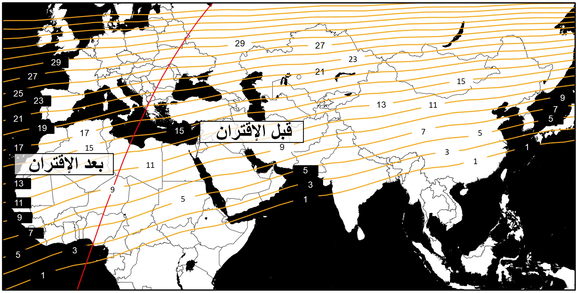 صورة 3 :خريطة  خطوط تساوي مكث القمر (بالدقيقة) بعد غروب شمس يوم الخميس 28 جويلية 2020 الموافق لــ 29 ذو الحجة 1443 هجري.