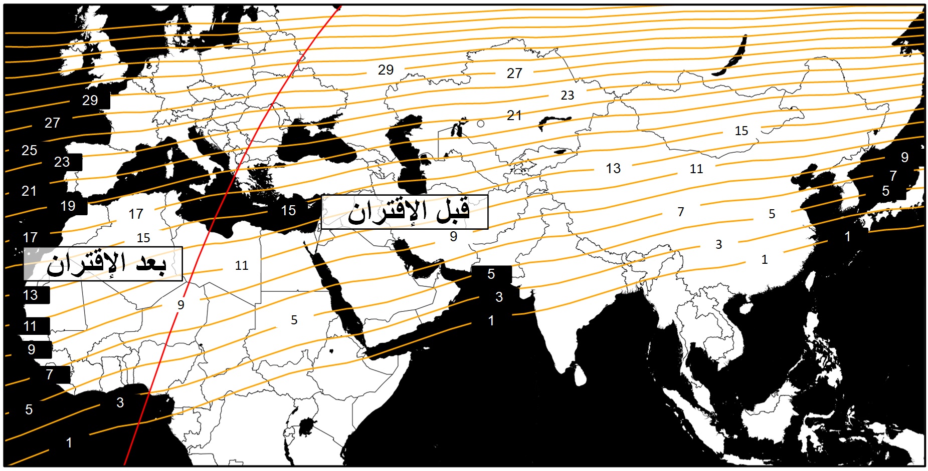 صورة 3 :خريطة خطوط تساوي مكث القمر (بالدقيقة) بعد غروب شمس يوم الخميس 28 جويلية 2020 الموافق لــ 29 ذو الحجة 1443 هجري.