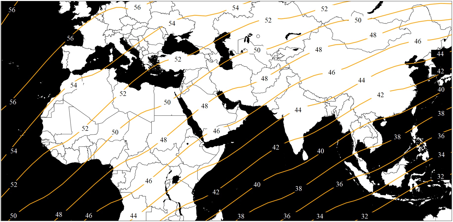 صورة 5 :خريطة  خطوط تساوي مكث القمر (بالدقيقة) بعد غروب شمس يوم الجمعة 29 جويلية 2022 الموافق لــ 29 ذو الحجة 1443 هجري.