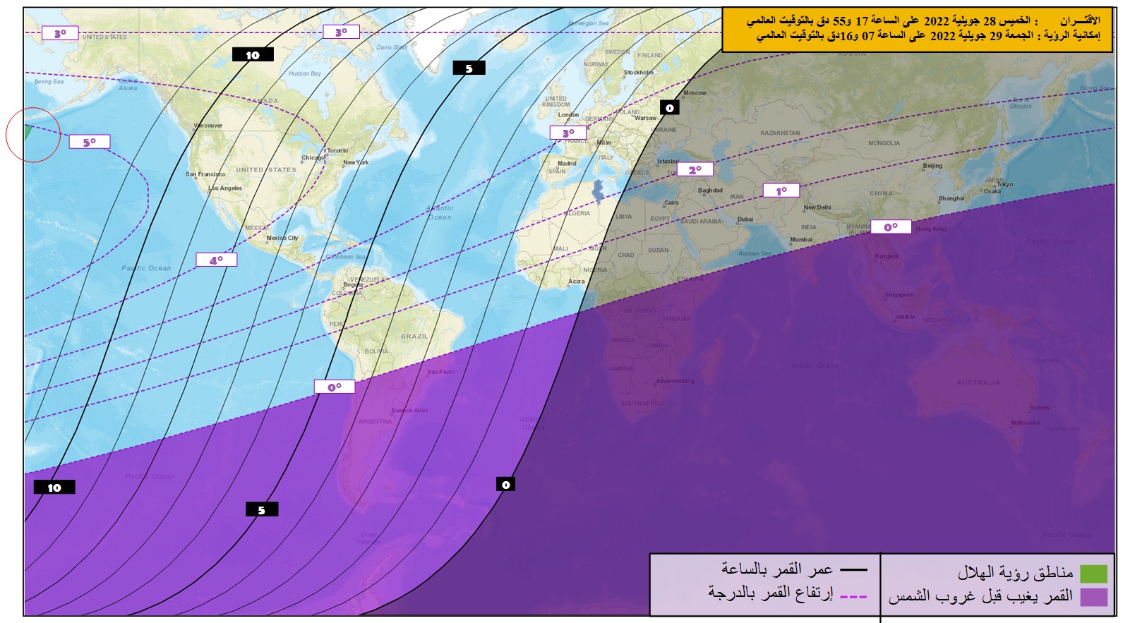 صورة 4 : خريطة المعطيات الفلكية الخاصة بهلال محرم لسنة 1444 هجري  عند غروب شمس  يوم الخميس 28 جويلية 2022 في العالم 