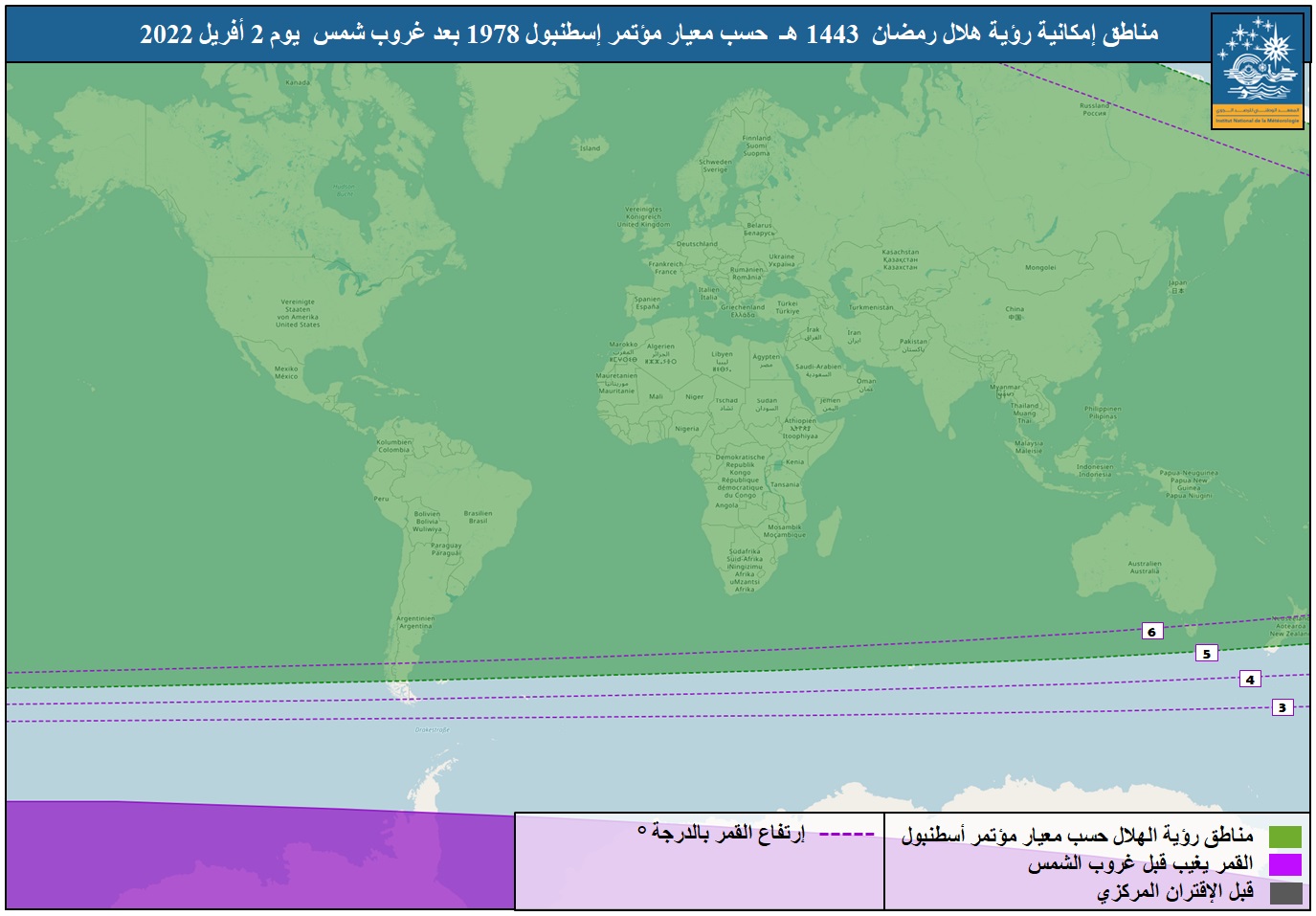    مناطق إمكانية رؤية هلال رمضان  1443 هـ  حسب معيار مؤتمر إسطنبول (1978) بعد غروب شمس  يوم 2 أفريل 2022