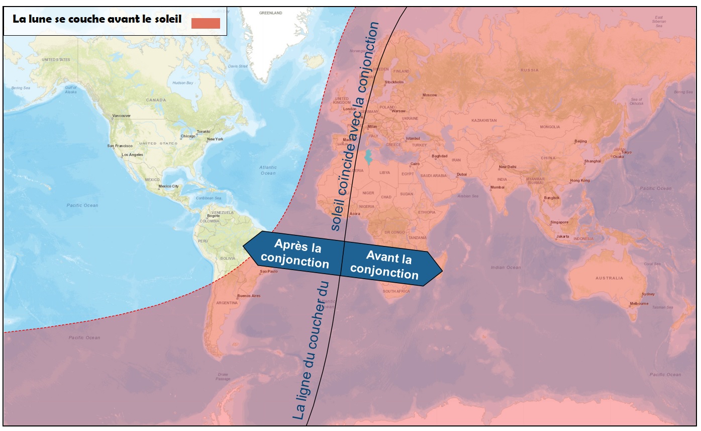 Fig 2: position de la lune aprés le coucher du soleil dans le monde le 08 Avril 2024 - 29 Ramadan 1445