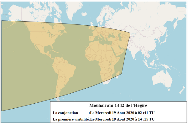 Figure 2: Les zones de visibilité du croissant de Mouharram 1442 de l'Hégire (selon les critères d’Istanbul) après le coucher du soleil le Mercredi 19 Aout 2020.