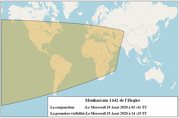 Figure 2: Les zones de visibilité du croissant de Mouharram 1442 de l'Hégire (selon les critères d’Istanbul) après le coucher du soleil le Mercredi 19 Aout 2020.