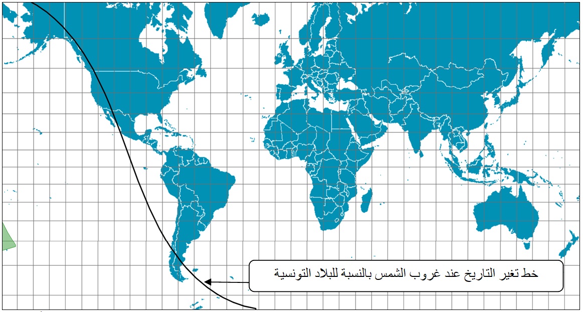 صورة 3 : خريطة مناطق إمكانية رؤية هلال رجب بعد غروب شمس يوم السبت 21 جانفي 2023 في العالم( المساحة الملونة بالأخضر).