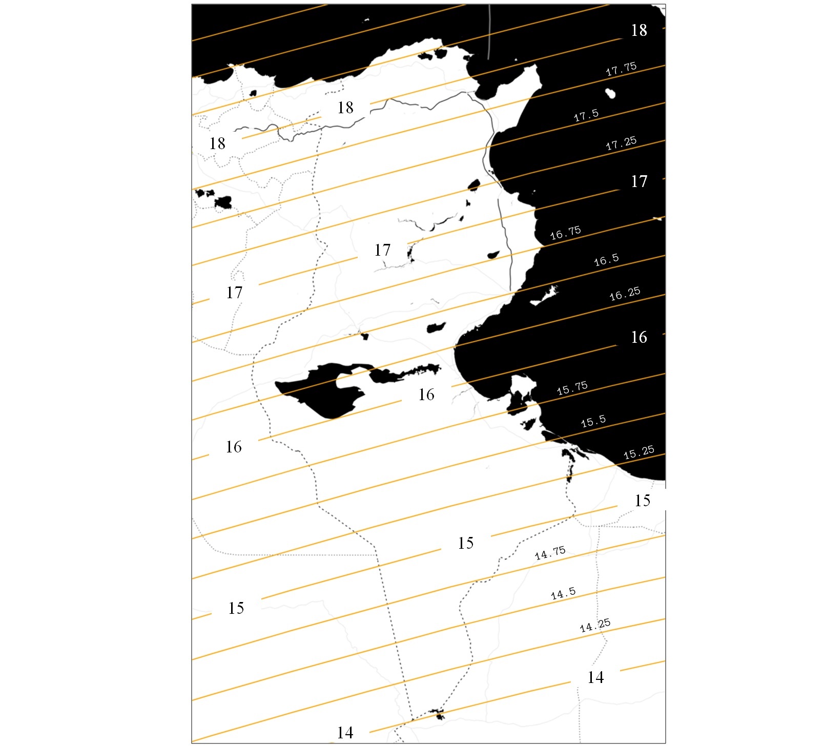 صورة 1 :خريطة  خطوط تساوي مكث القمر بالبلاد التونسية (بالدقيقة) بعد غروب شمس يوم الخميس 28 جويلية 2022 الموافق لــ 29 ذو الحجة 1443 هجري.