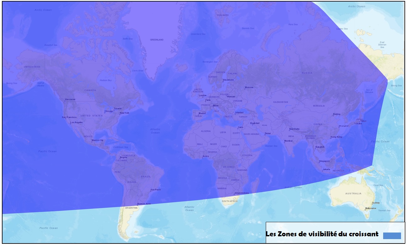 Fig 3: Les zones de visibilité du croissant de Chaouel  1445 de l'Hégire après le coucher du soleil le Mardi 09 Avril 2024 dans le Monde.