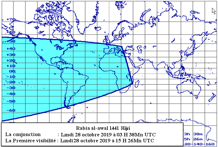 Les zones de visibilité du croissant de Safar 1441Hijri (selon les critères d’Istanbul) après le coucher du soleil le samedi 28 septembre 2019